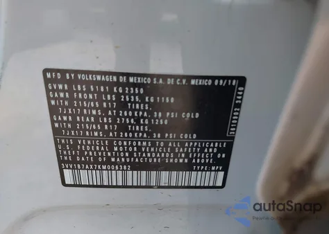 2019 Volkswagen Tiguan 2.0T S z USA, uszkodzony, nr VIN 3VV1B7AX7KM006382